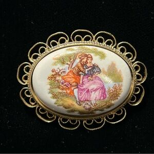 Vintage Oval Brooch with Fragonard style Scene